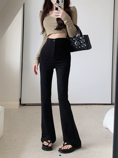 Black casual pants women's 2023 summer new high-waist all-match micro-launched pants straight-leg pants wide-leg pants mopping trousers