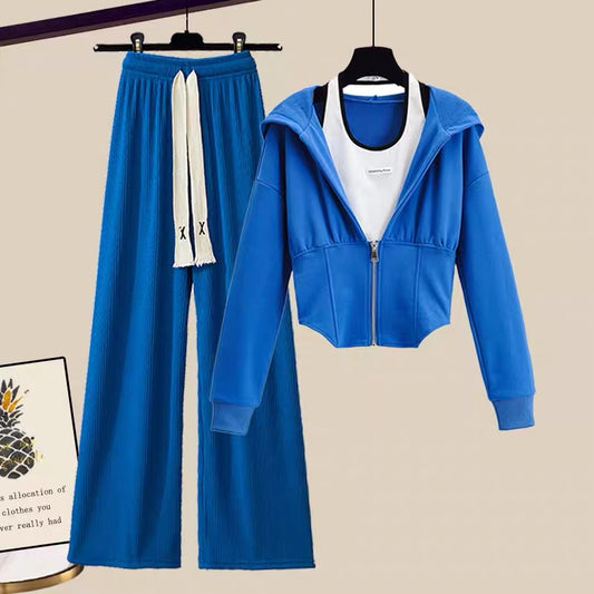 Early autumn sweater jacket vest two-piece set casual wide-leg pants this year's popular sports suit net red three-piece set