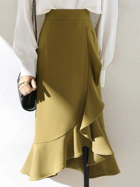 Irregular high waist and thin autumn fragrance yellow lotus leaf side wrap hip skirt women's 2023 spring and summer new mid-length skirt