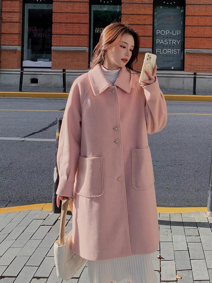 Pink Hepburn woolen coat female autumn and winter small man 2022 new Korean high-grade milk fufu woolen coat