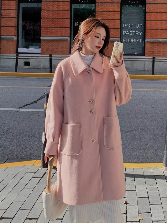 Pink Hepburn woolen coat female autumn and winter small man 2022 new Korean high-grade milk fufu woolen coat