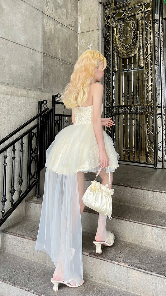 Pastel Yellow Princess Birthday Mini Dress Holiday Fairy Trailing Dress Lace High Waist Short French Dress