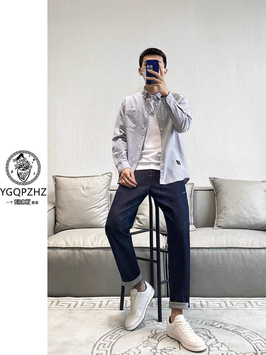 Oxford spinning high-end handsome temperament pure white shirt men's autumn Japanese all-match long-sleeved shirt men's tops