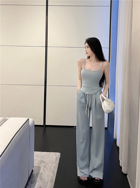 Suit 2023 New Women's Summer Short Slim Camisole High Waist Straight Leg Slit Wide Leg Pants Two-piece Set