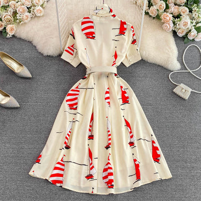 Summer high-end light luxury retro temperament stand collar bow tie waist printed a-line dress elegant big swing long skirt
