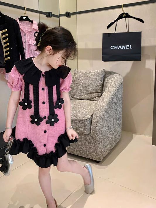 Original children's clothing girls' ruffled jacquard dress 2022 new summer children's small fragrance style petal collar skirt