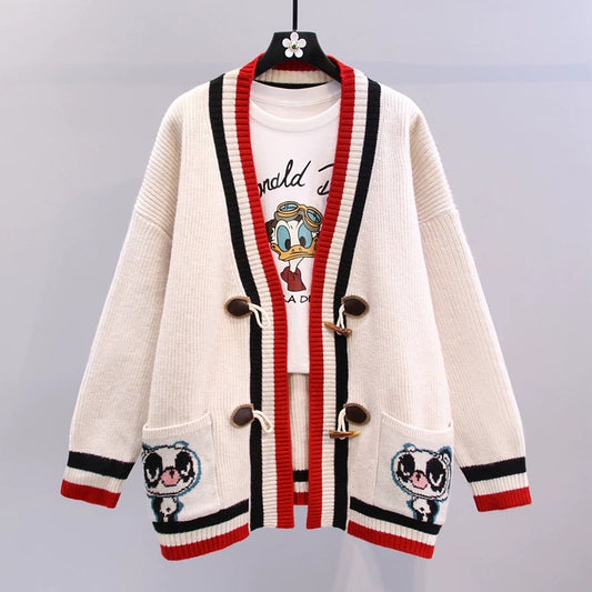 Cartoon horn button V-neck sweater jacket women's autumn and winter 2022 new loose and lazy style mid-length knitted cardigan