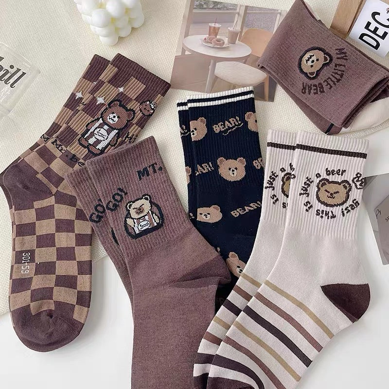 Net red super fire bear socks women's autumn and winter mid-tube socks pure cotton ins tide long tube plaid striped Korean sports