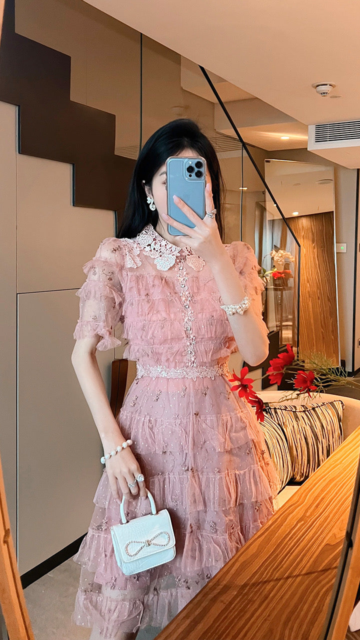 BETTER LS light luxury celebrity temperament dress high-end sense of small fragrance pink cake skirt party dress
