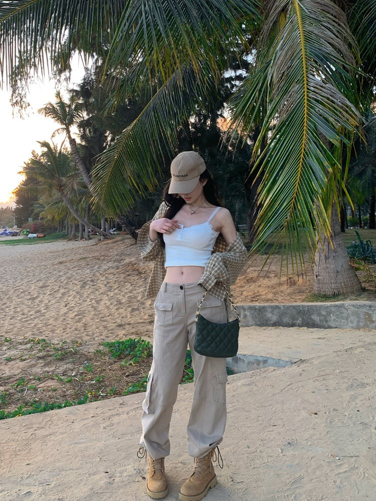 Big moss trendy cool girl personality multi-pocket fashion loose casual all-match straight overalls female spring and autumn
