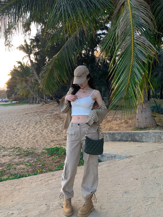 Big moss trendy cool girl personality multi-pocket fashion loose casual all-match straight overalls female spring and autumn