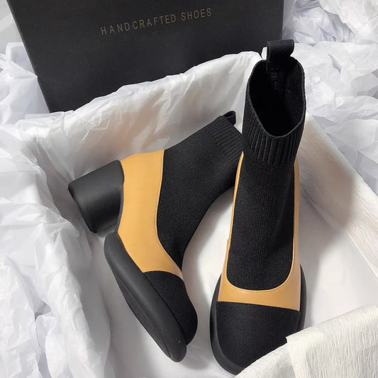 Senyu Haixiang French niche leather color matching cute Korean version retro knitted super high heel thick bottom skinny socks boots