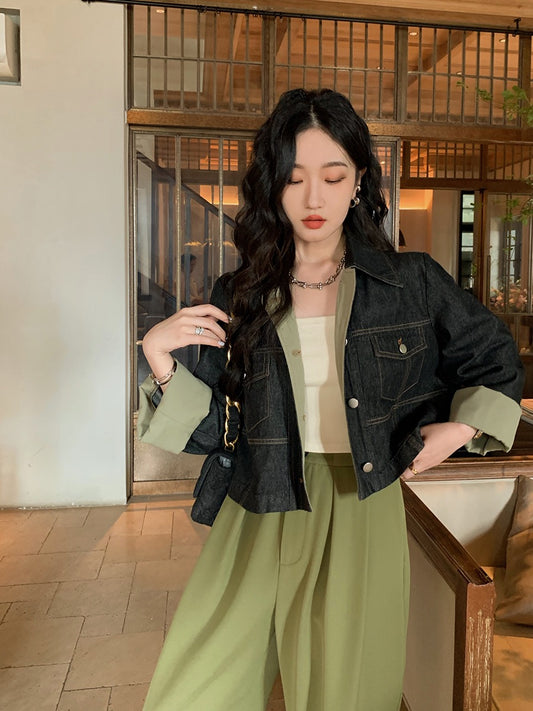 Ren Xiaoyi Stitching Short Denim Jacket Women's Early Spring 2023 New Korean Version Loose Design Niche Jacket