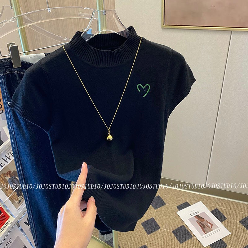 Slim half-high collar embroidered knitted bottoming shirt women 2023 early spring new design sense warm inner T-shirt top
