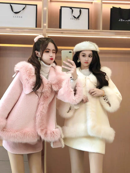 Celebrity temperament furry wavy coat skirt salt light familiar style two-piece suit female 2022 new winter