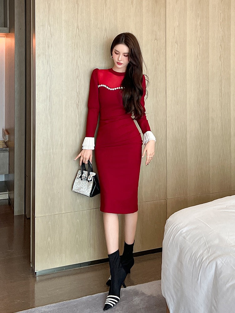 European station zodiac year red women's clothing fashion temperament super body dress autumn and winter Christmas wrap hip dress