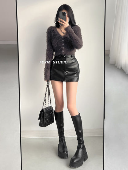Windmill and Spear Black Hip Small Leather Skirt Women's Autumn and Winter Hakama Sexy Little Black Dress High Waist A-line Short Skirt Skirt