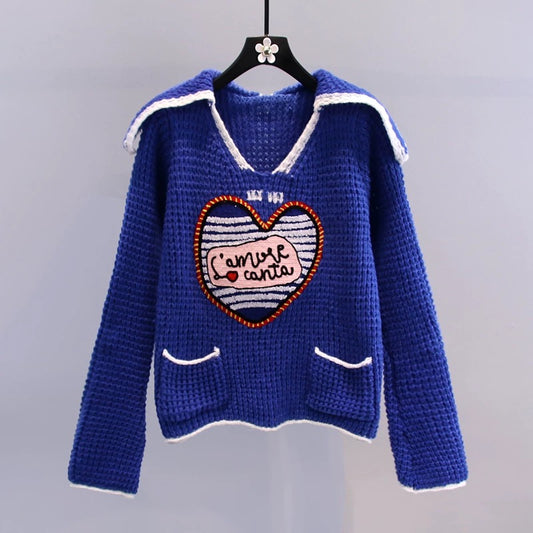 Navy collar love embroidery sweater women's autumn 2022 new Japanese sweet college style hollow knitted top