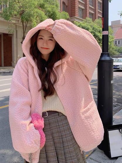 Pink plush short coat women's autumn and winter thickened 2022 new small milk fufu loose hooded cotton coat
