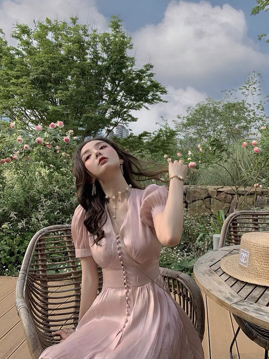 DoggyQin retro dress V-neck short-sleeved mercerized satin dress 2019 new summer dress