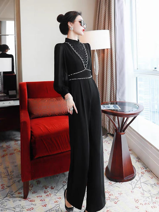 2022 new women's autumn temperament celebrity high-end one-piece black heavy-duty diamond-studded long-sleeved waist one-piece wide-leg pants 1494