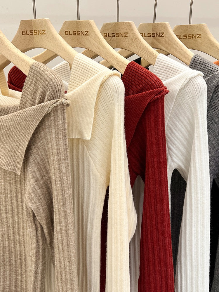 Stitching Knitted Bottom Sweater Women's Autumn and Winter Inner Design One-shoulder Unique Chic Top Square Neck Knitted Sweater Women