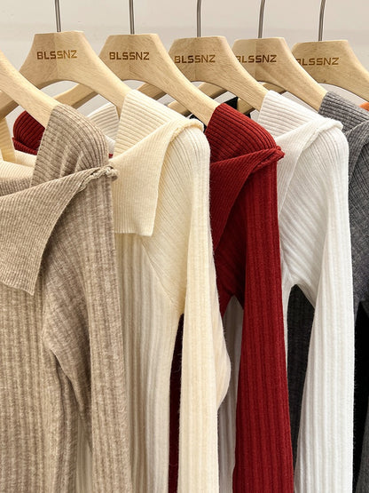 Stitching Knitted Bottom Sweater Women's Autumn and Winter Inner Design One-shoulder Unique Chic Top Square Neck Knitted Sweater Women
