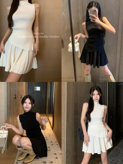 Half turtleneck sleeveless vest knitted sweater women's summer irregular pure desire hot girl temperament tight and thin short top