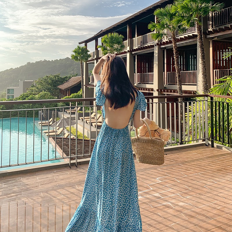 2022 new beach skirt super fairy Bali blue backless sexy Sanya seaside holiday long skirt dress female