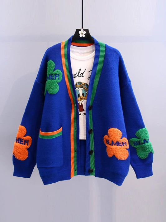 Klein blue contrast color small flower sweater coat women's 2022 spring new loose and lazy style knitted cardigan