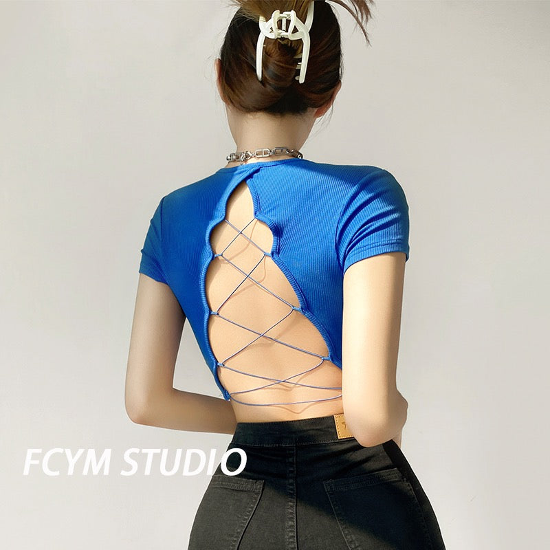 European and American pure desire style halter strap short-sleeved T-shirt female summer hot girl sexy slim tight short navel top
