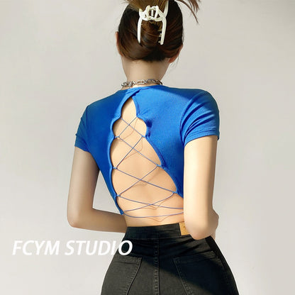 European and American pure desire style halter strap short-sleeved T-shirt female summer hot girl sexy slim tight short navel top