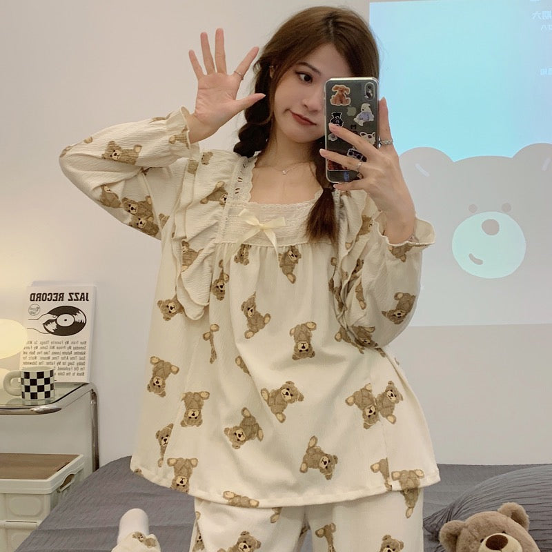 2022 new cartoon brown bear spring and autumn summer long-sleeved pajamas women's cotton gauze can wear princess wind suit
