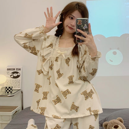 2022 new cartoon brown bear spring and autumn summer long-sleeved pajamas women's cotton gauze can wear princess wind suit