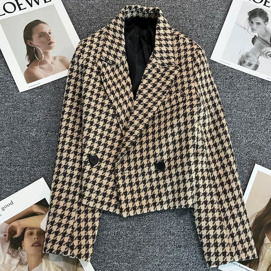Houndstooth ultra-short suit jacket women's autumn 2022 new high-end small Korean casual suit 1765