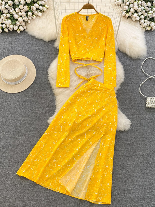 Fashion suit female spring and autumn European and American long-sleeved deep V-neck tie top two-piece set high waist slimming slit skirt