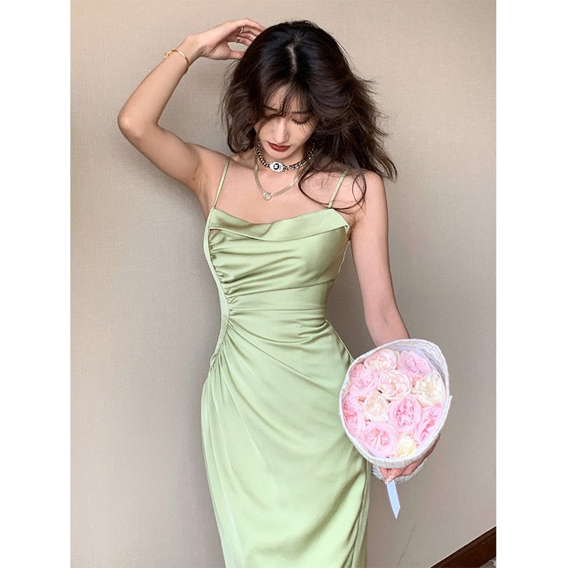 HBE Shuige Jiaohan Beauty Pure Desire Green Acetate Satin Waist Slimming Wrinkled Tube Top Suspender Dress