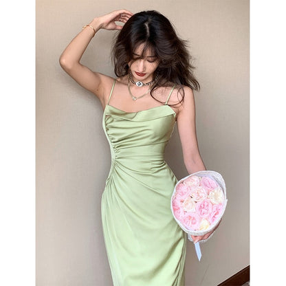 HBE Shuige Jiaohan Beauty Pure Desire Green Acetate Satin Waist Slimming Wrinkled Tube Top Suspender Dress