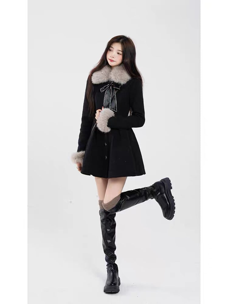 Aunt Barbie Christmas Wool Dress Women Autumn and Winter Chinese New Year Thickened Fur Collar New Year Bow Knot Pleated Suit Skirt