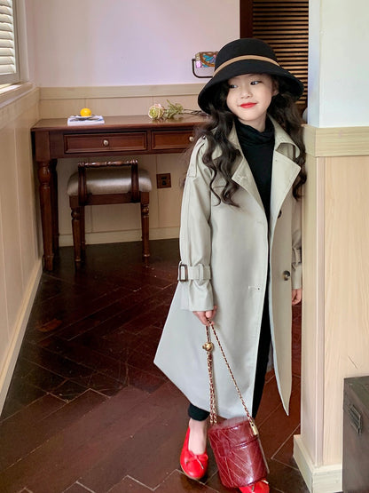 Original girls' children's clothing Korean version mid-length windbreaker spring clothing 2023 new children's British style big children's coat coat