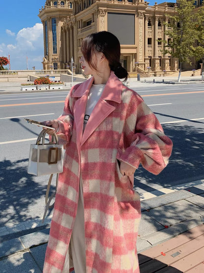 Pink plaid imitation cashmere woolen coat women's autumn and winter long knee-length 2022 new loose and gentle woolen coat