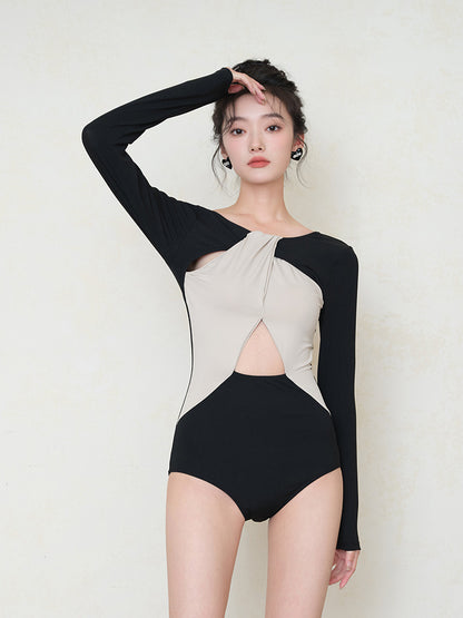 Jinzhu swimsuit women's conjoined 2022 new hot style slimming cover belly small chest conservative long-sleeved hot spring bathing suit