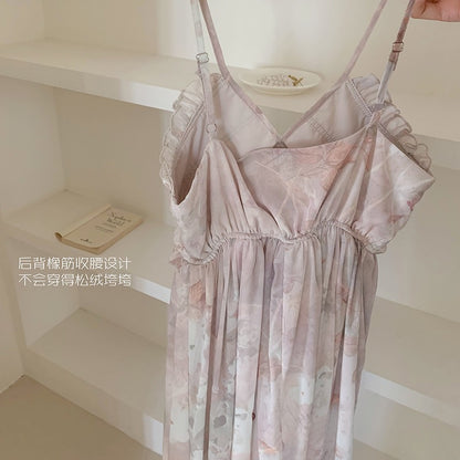 Summer female small fresh French high-end first love long skirt pure desire sweet wind floral sling sleeveless dress