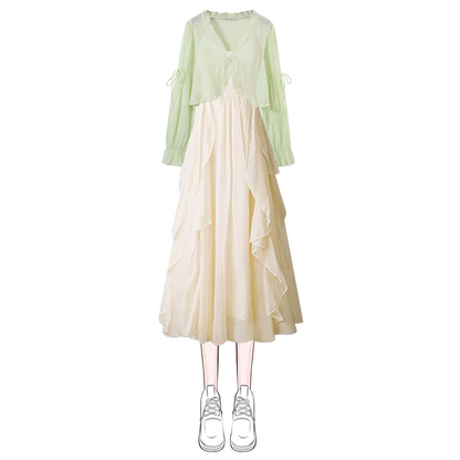 2023 new high-end chic and beautiful mesh blouse suspenders dress fairy super fairy forest two-piece set