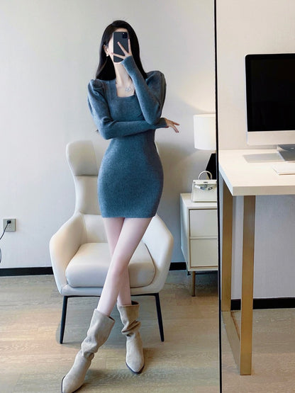 Knitted dress autumn and winter women's 2022 new temperament celebrity self-cultivation slim sexy inner bottoming bag hip skirt