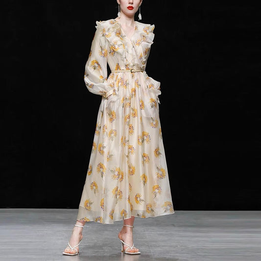 Spring women's clothing 2022 new French retro lantern long-sleeved flower print long dress long skirt skirt women