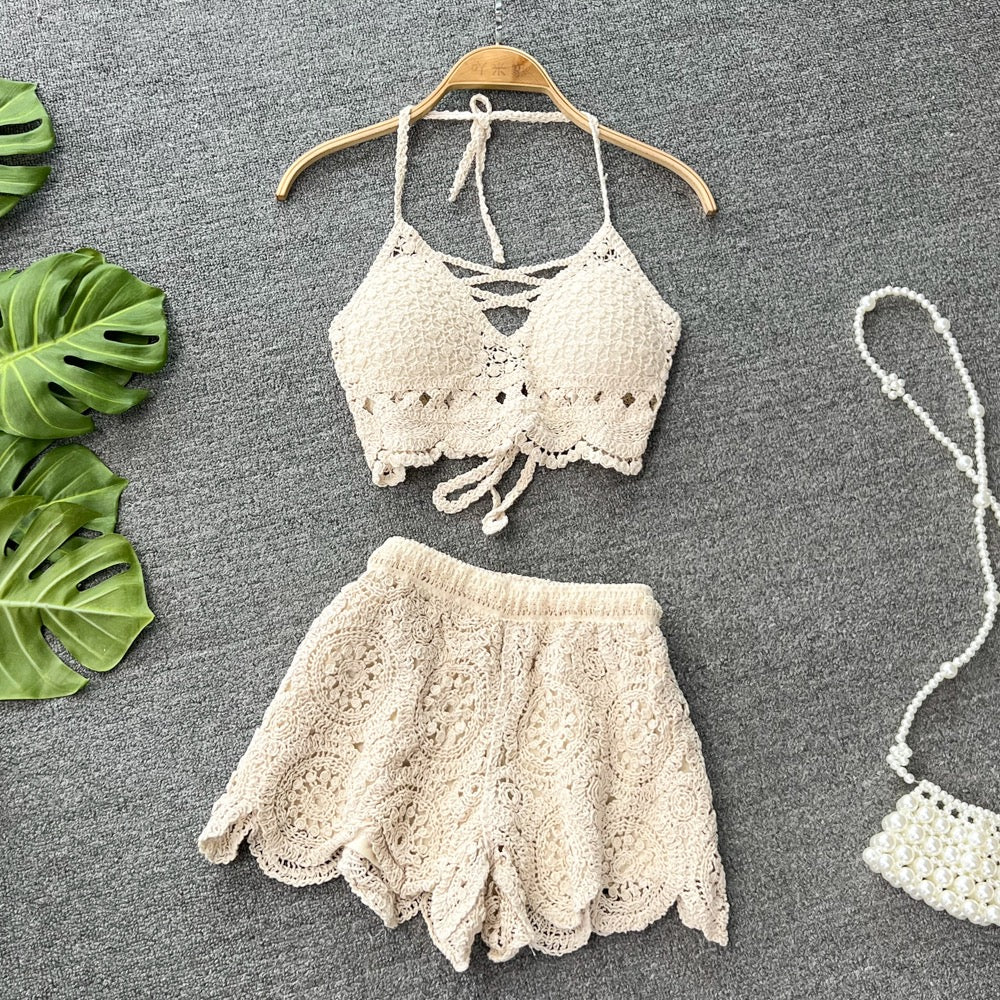 Seaside holiday suit female sexy holiday hollow knit halter neck halter vest two-piece set high waist wide leg shorts