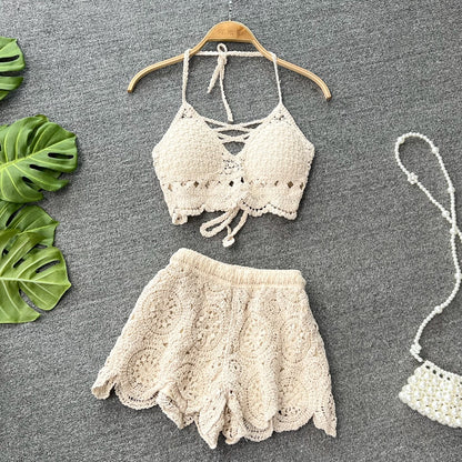 Seaside holiday suit female sexy holiday hollow knit halter neck halter vest two-piece set high waist wide leg shorts