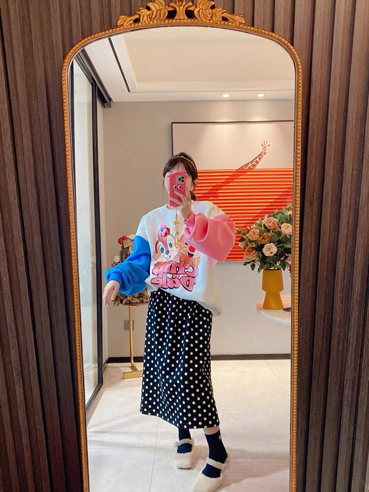 JENNIFER JXLIU Korea Dongdaemun autumn and winter cute little squirrel hit color sleeve cartoon print sweater