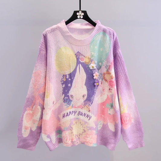 Japanese sweet cartoon print sweater women's 2022 early autumn new loose design long-sleeved hollow sweater